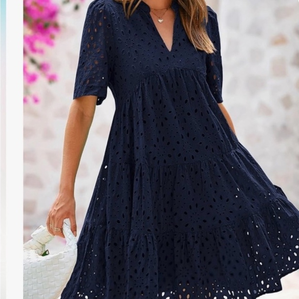 Elegant Navy Eyelet Mini Dress
